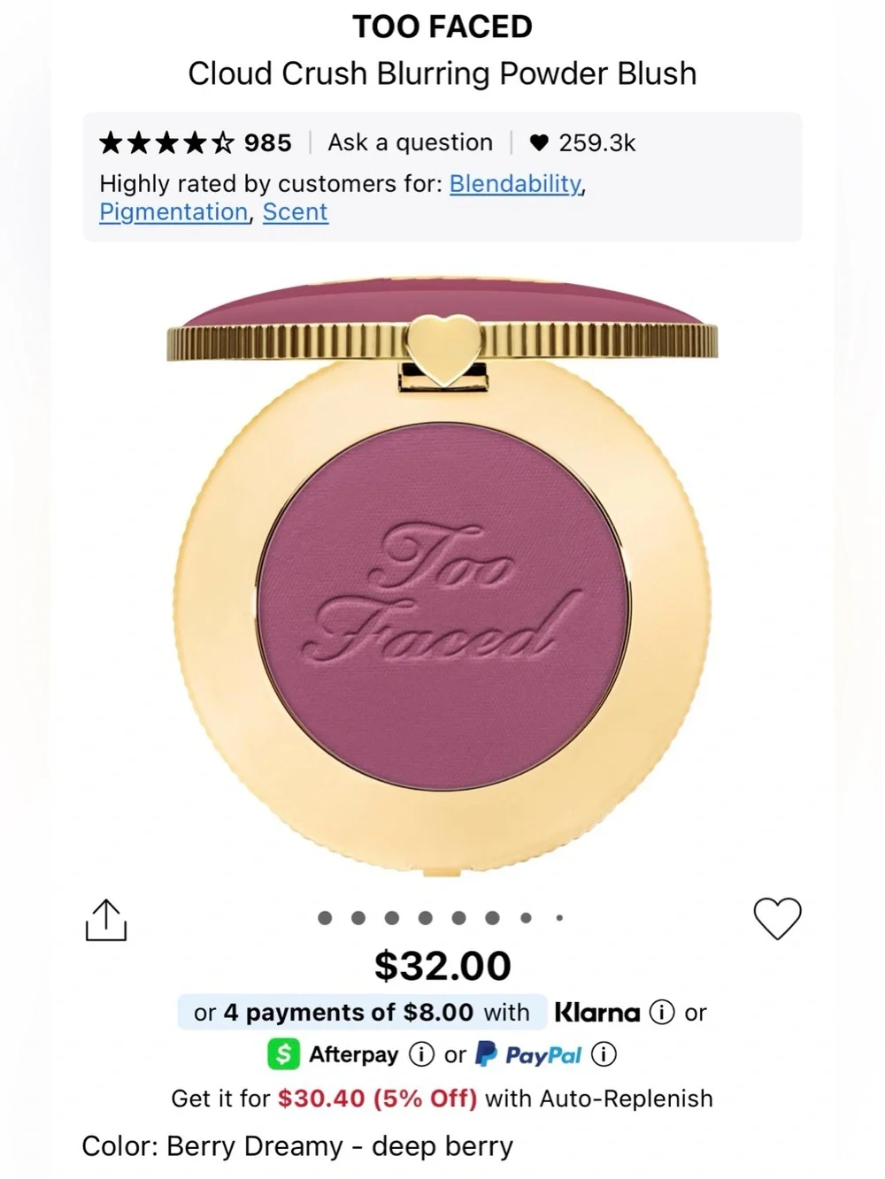Too Faced Cloud Crush Blurring Powder Blush in Shade Berry Dreamy